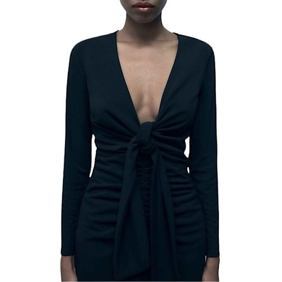 Zara Black Dress Tied Ruched Long Sleeve Size L • NEW WITH TAGS • - Picture 2 of 11